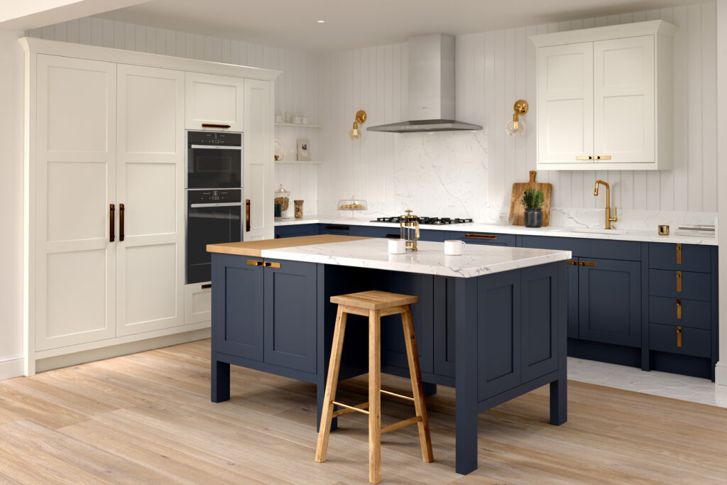 Harfield luxury kitchen with island in Porcelain and Hartforth Blue colours by Claremont Kitchens