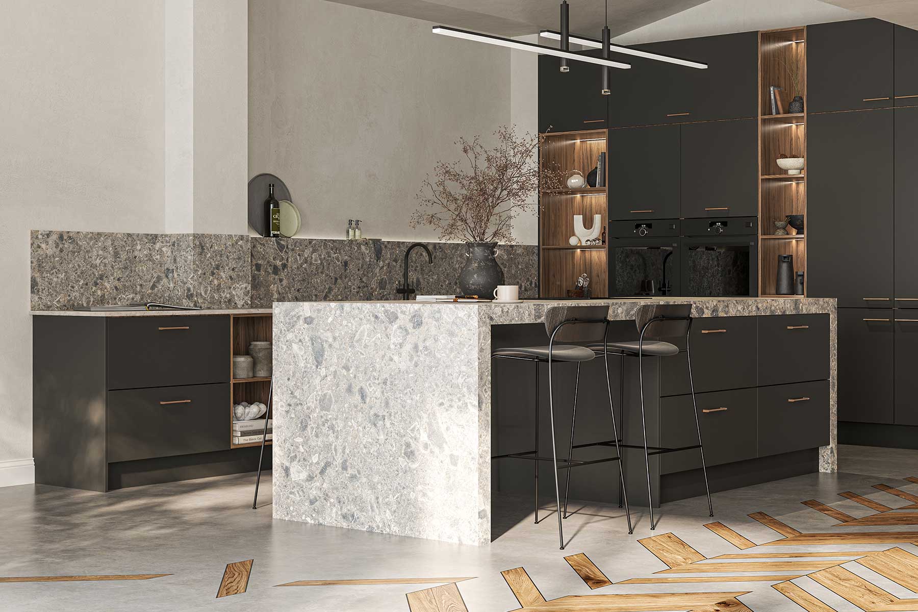 Modern Hove kitchen with large island and stone worktops with waterfall edges