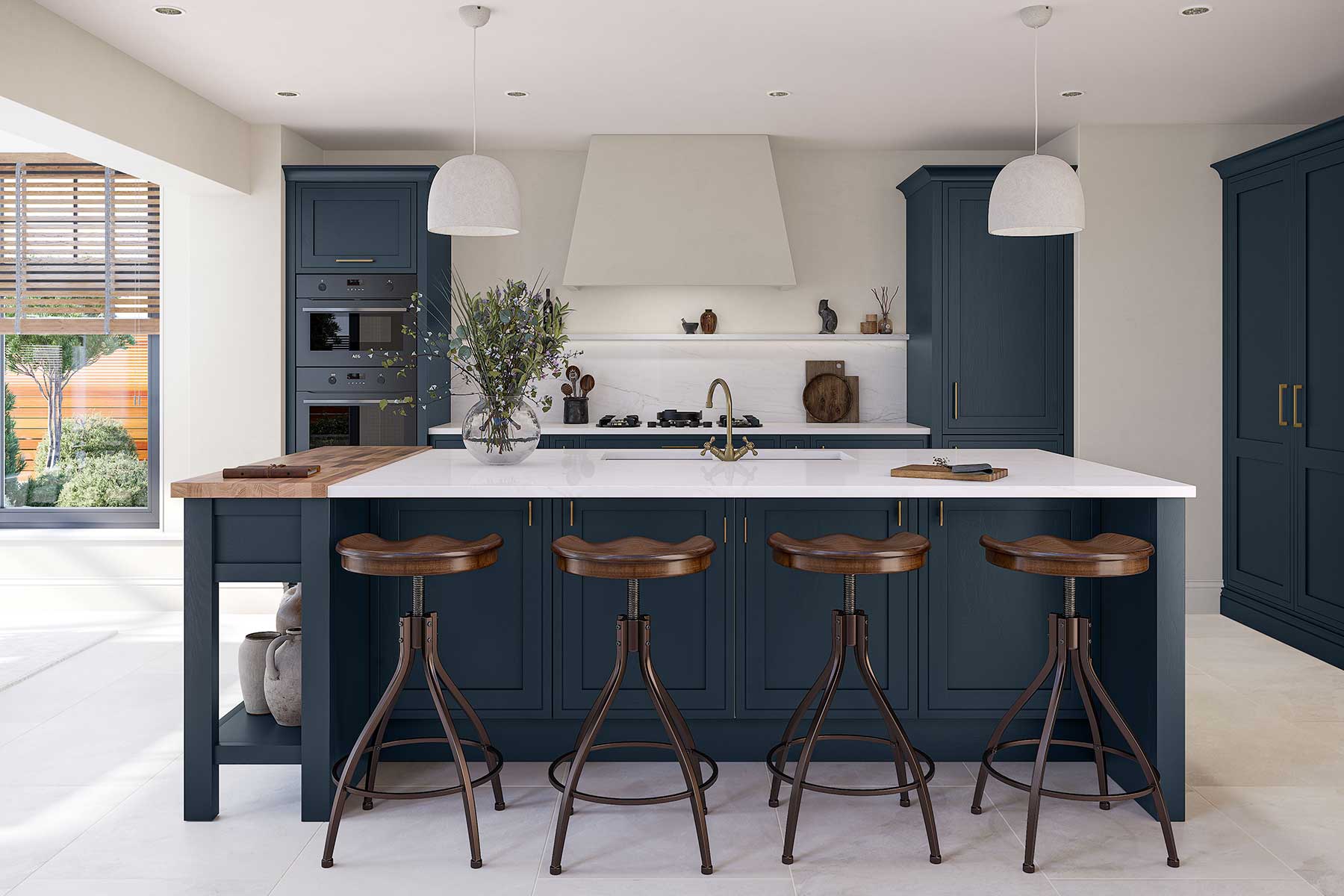 Midhurst Frame Shaker kitchen in dark blue with large island and white quartz worktop