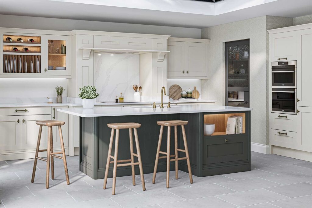 Stylish kitchen with white stone kitchen island worktops