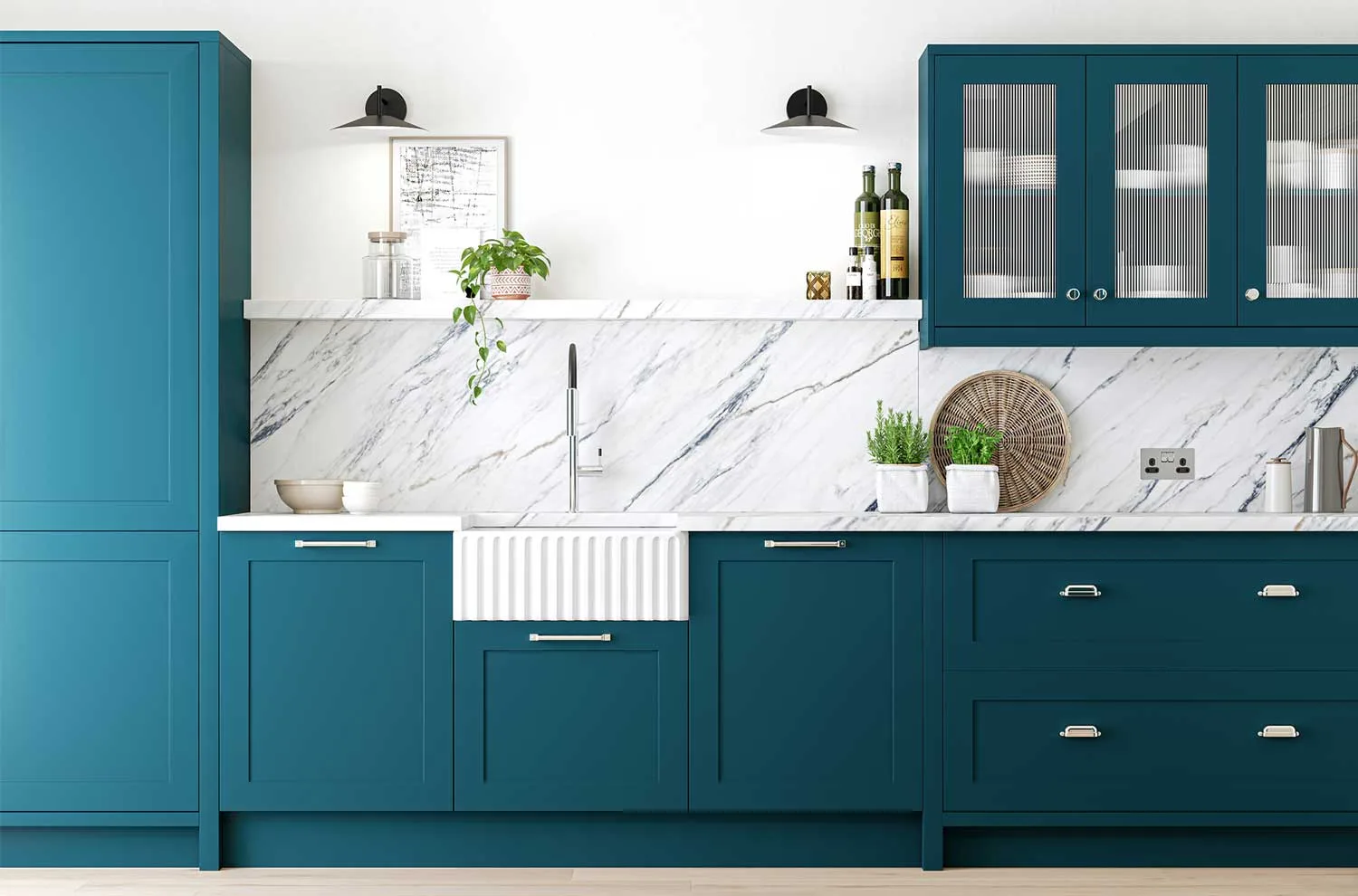 Claremont Kitchens Hartfield slab door kitchen in Majestic Teal colour with thin chrome handles