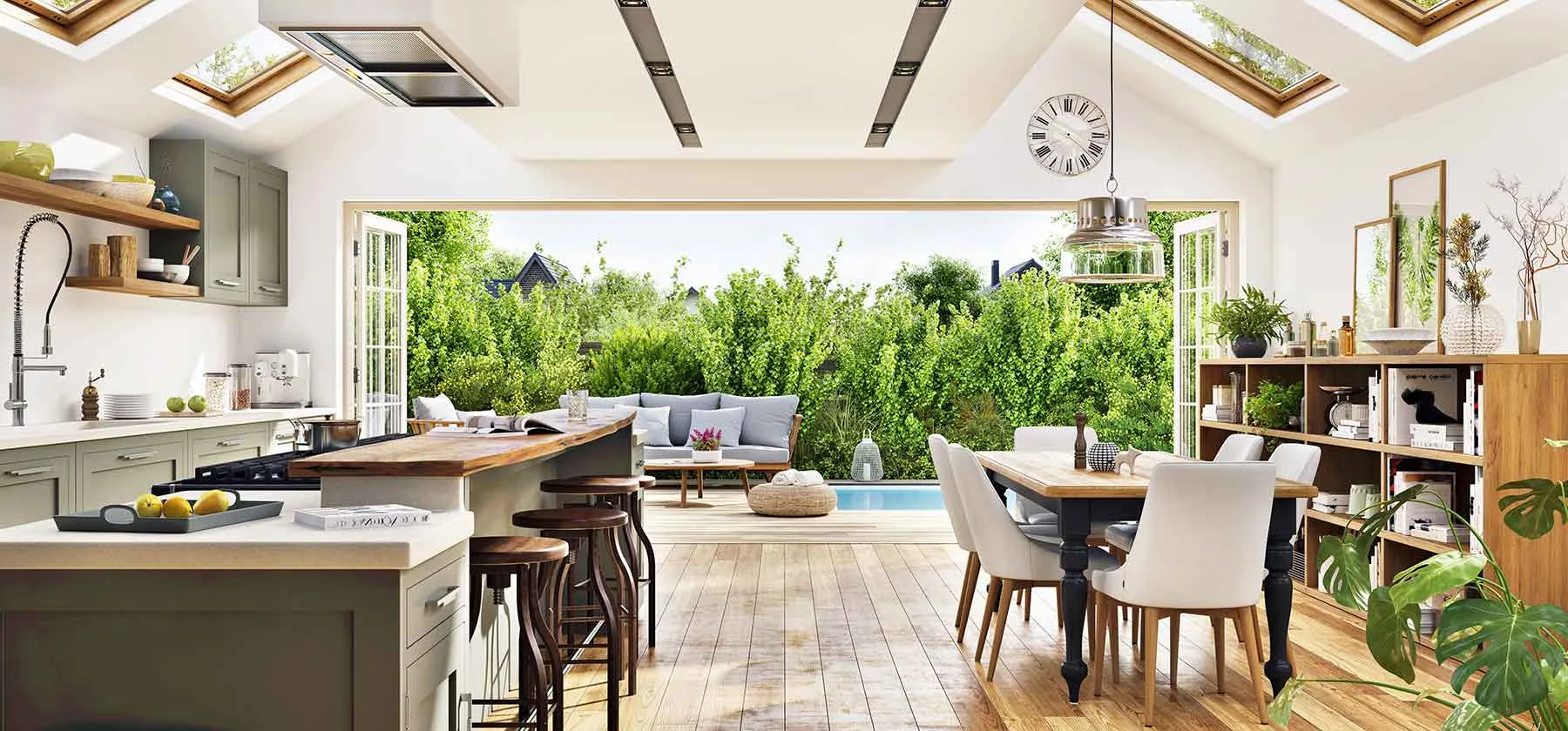 Open plan kitchens like this one will often include living and dining areas
