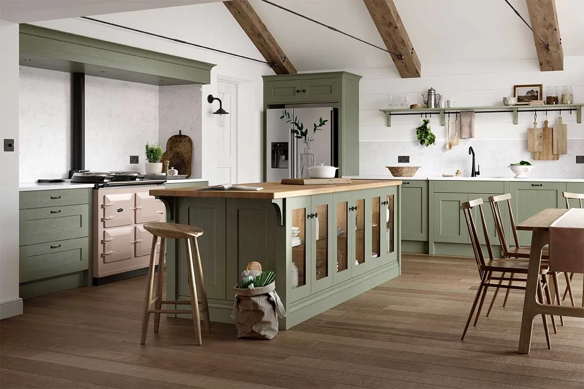 Large L shape open plan kitchen with island in Regiment Green colour
