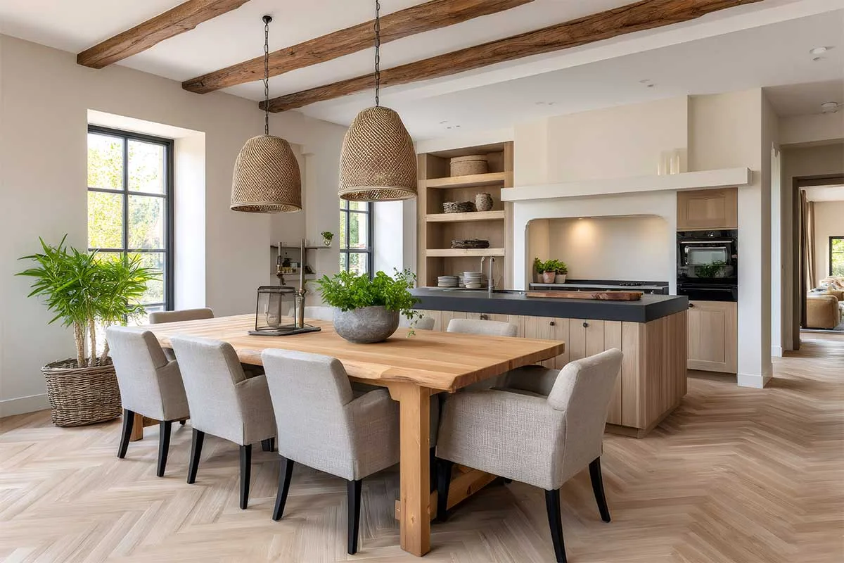 Example of a country style open plan kitchen with island and large oak dining table