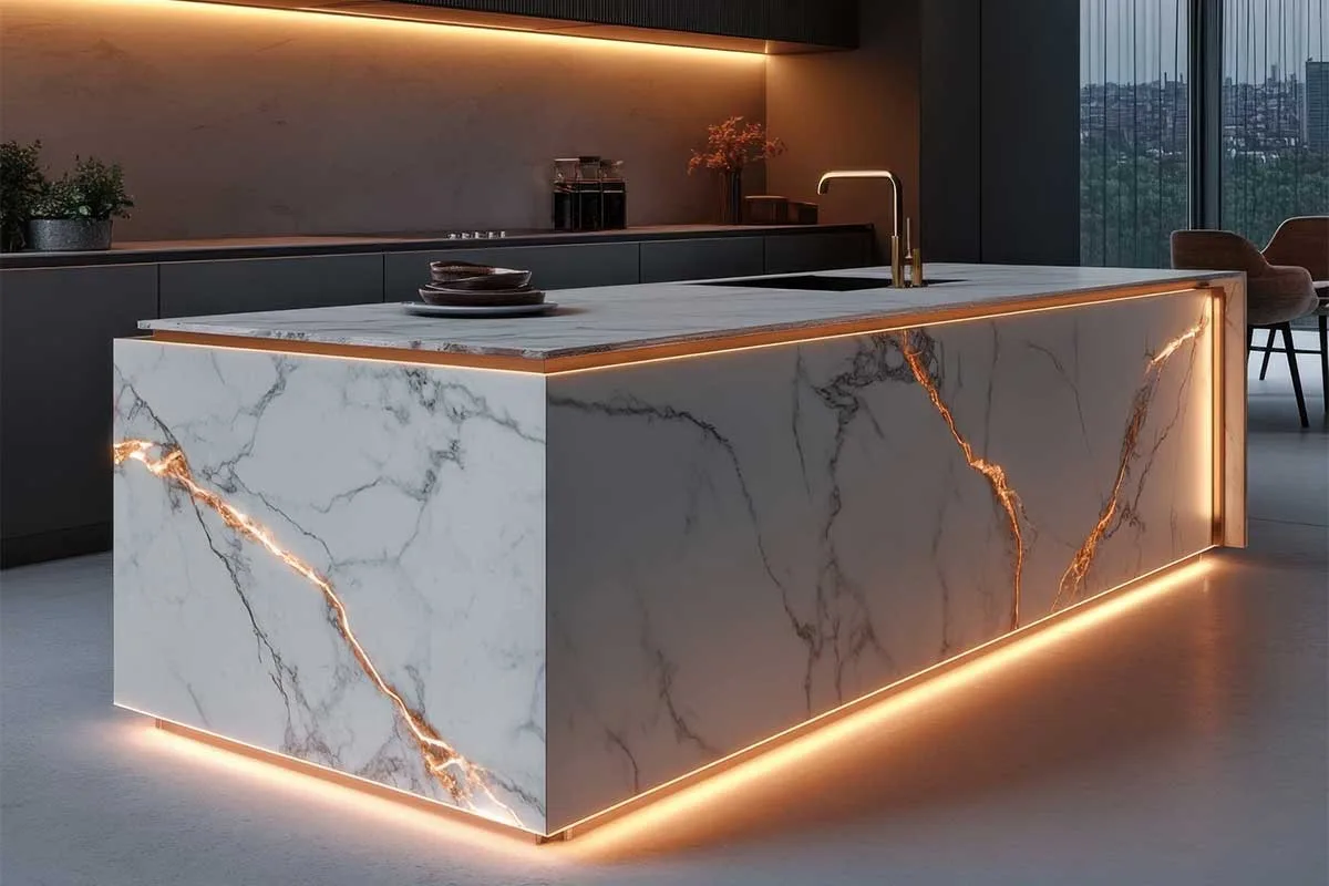 Modern marble clad kitchen lighting with stunning led accent lighting to plinths and edges