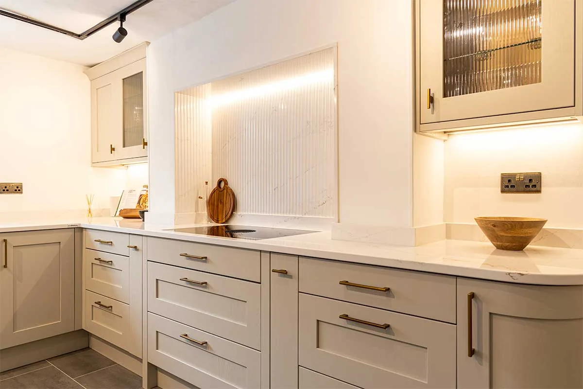 LED kitchen task lighting over kitchen displays at Claremont Kitchens in Midhurst
