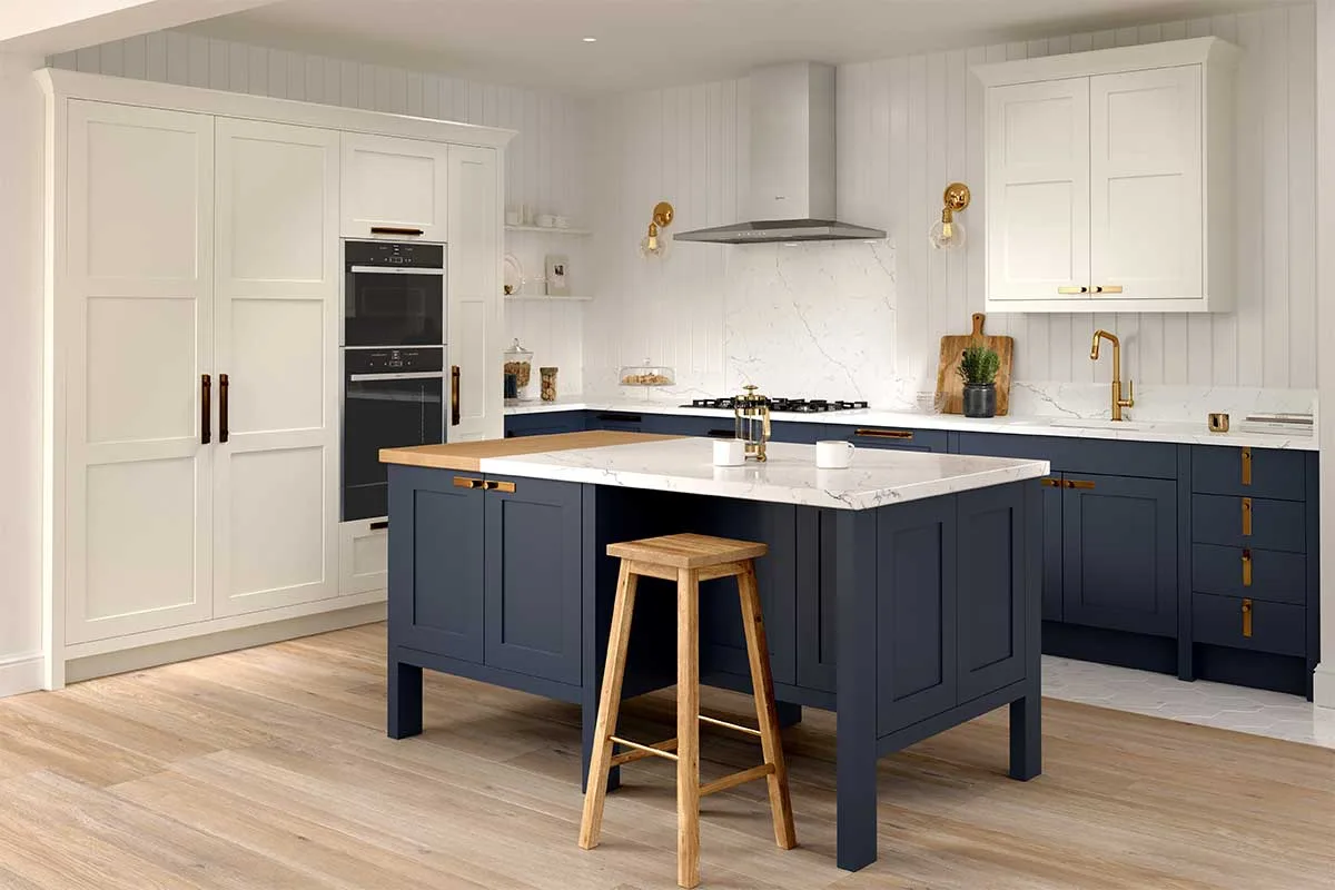 Blue and cream Hartfield kitchen with a combination of natural wood and ceramic tiled kitchen flooring