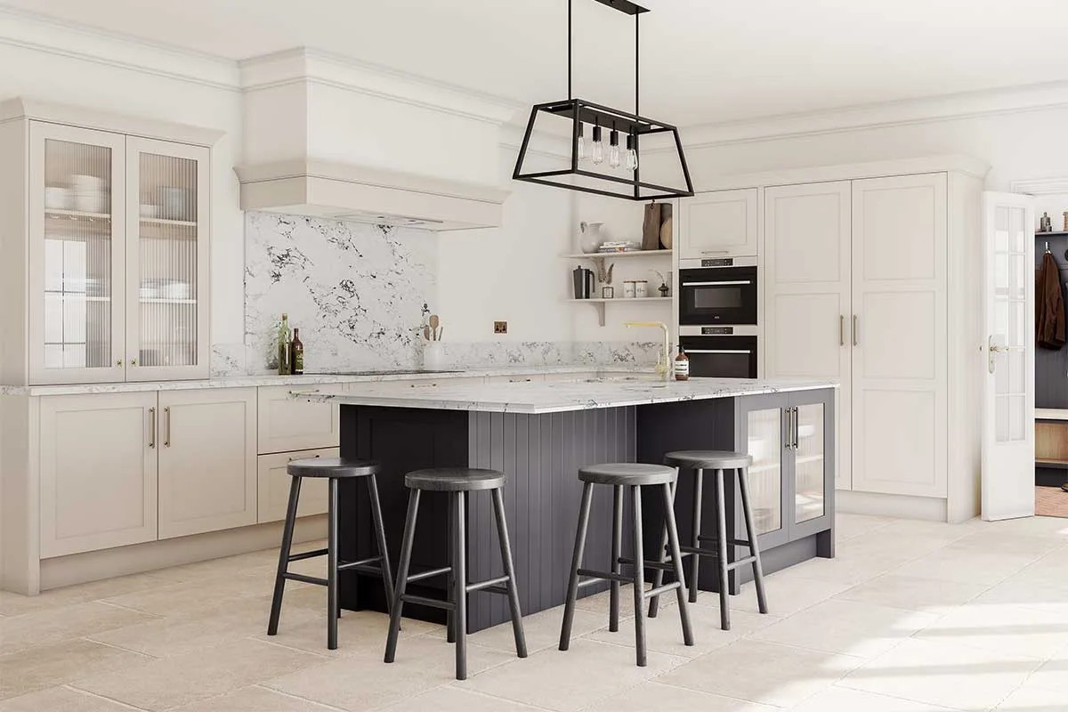 Hartfield Shaker kitchen in Taupe grey and Graphite grey with white Travertine stone flooring
