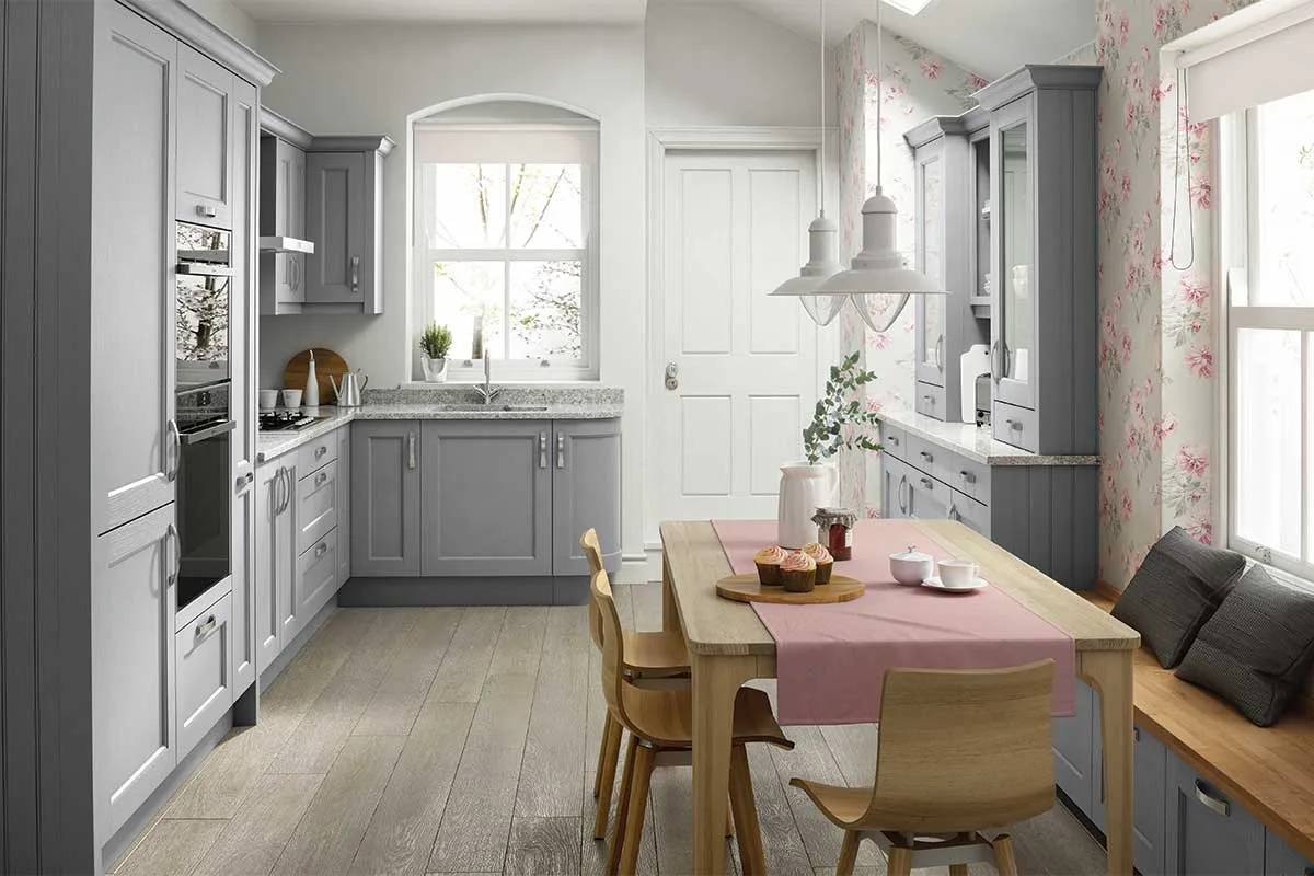 Midhurst Beaded Shaker kitchen in Partridge Grey with aged oak effect luxury vinyl wood plank flooring