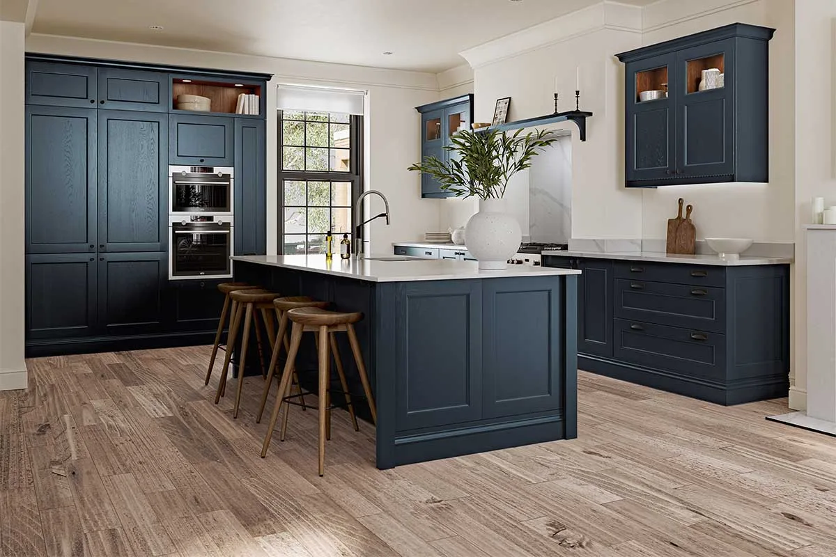 Midhurst Beaded Shaker kitchen in Hartforth Blue with wood effect laminate kitchen flooring