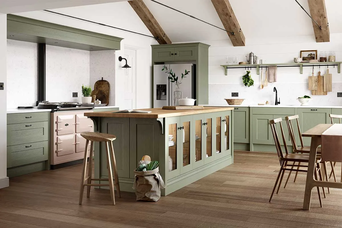 Midhurst Shaker kitchen in Regiment green colour with real oak wood flooring