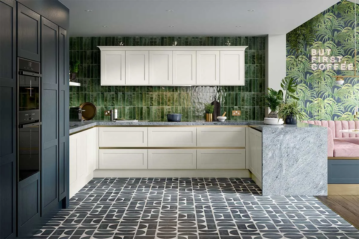 Petworth handleless modern kitchen in cream and blue colour with geometric porcelain floor tiles