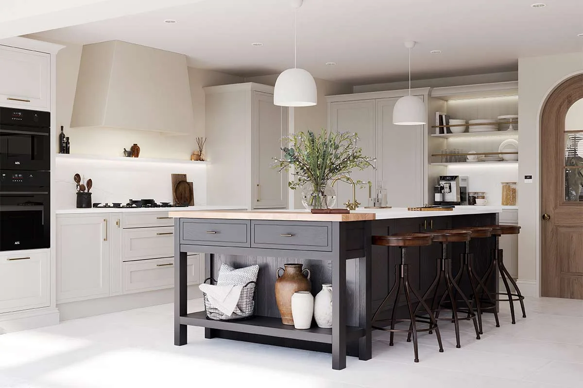 Large Midhurst Frame Shaker kitchen in Taupe colour with contrasting graphite island