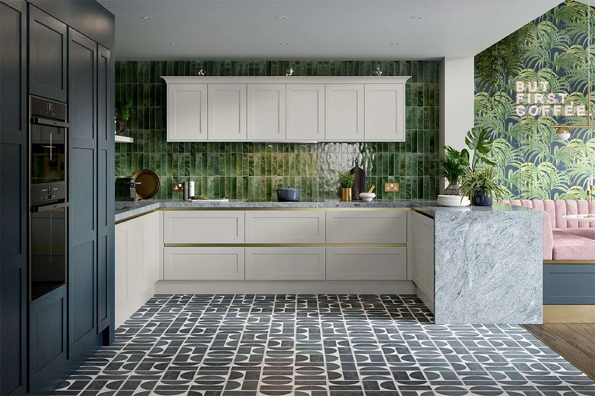 Claremont Petworth handle-less modern Shaker style kitchen with units painted in Taupe and Dark blue colours