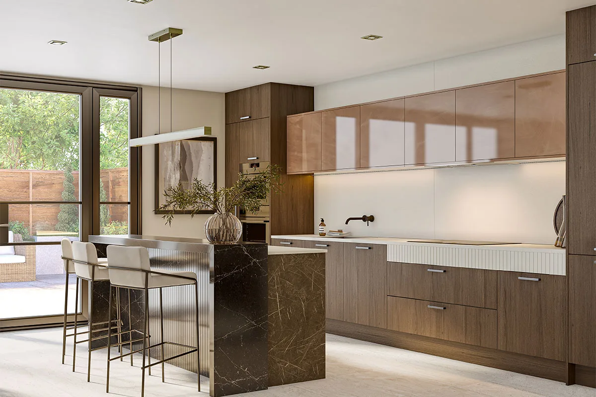 Modern kitchen with slab doors in dark Tobacco Oak natural wood finish